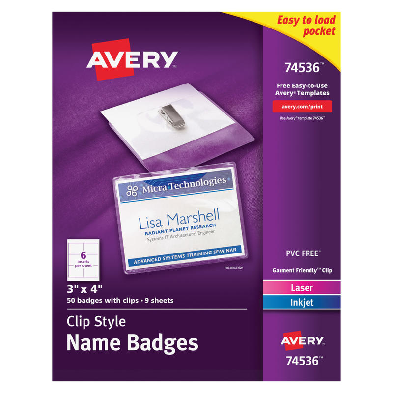 Avery Customizable Name Badges With Clips, Rectangle, 74536, 3in x 4in, Clear Holders With White Inserts, Box Of 50 (Min Order Qty 3) MPN:74536