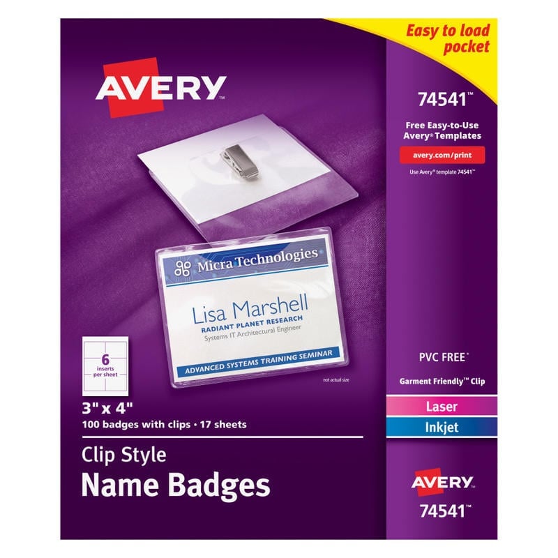 Avery Customizable Name Badges With Clips, Rectangle, 74541, 3in x 4in, Clear Holders With White Inserts, 100 Badges (Min Order Qty 2) MPN:74541