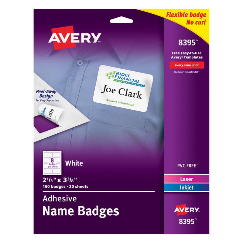 Avery Flexible Name Badge Labels, 2 1/3in x 3 3/8in, White, Box Of 160 (Min Order Qty 4) MPN:8395