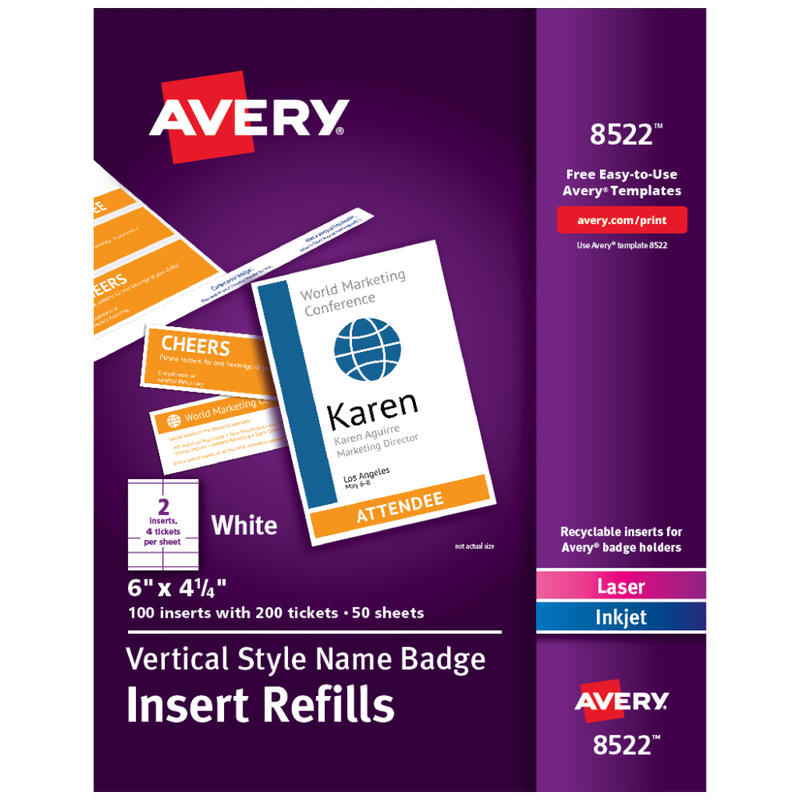 Avery Vertical Name Badge Inserts, 6in x 4 1/4in, White, Box Of 100 Inserts (Min Order Qty 3) MPN:8522