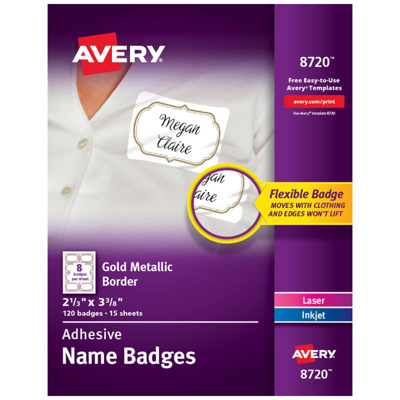 Avery Adhesive Name Badges, Metallic Borders, 2 1/3in x 3 3/8in, White, Pack Of 120 Badges (Min Order Qty 3) MPN:8720