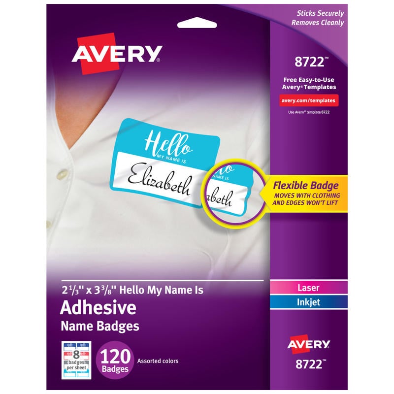 Avery Adhesive Name Badges, Hello My Name Is, 2 1/3in x 3 3/8in, 8722,  Assorted Colors, Pack Of 120 Badges (Min Order Qty 3) MPN:8722