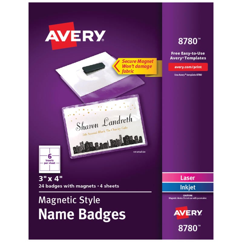 Avery Customizable Name Badges With Magnets, Rectangle, 8780, 3in x 4in, White, Pack Of 24 MPN:8780