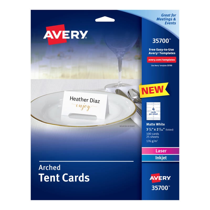 Avery Printable Arched Tent Cards With Sure Feed Technology, 65 lb, 2-1/16in x 3-3/4in, White, 100 Blank Place Cards (Min Order Qty 3) MPN:35700