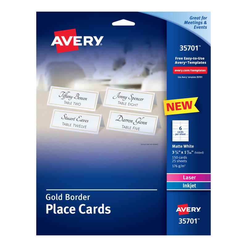 Avery Printable Place Cards With Sure Feed Technology, 1-7/16in x 3-3/4in, White With Gold Border, 150 Blank Place Cards (Min Order Qty 3) MPN:35701