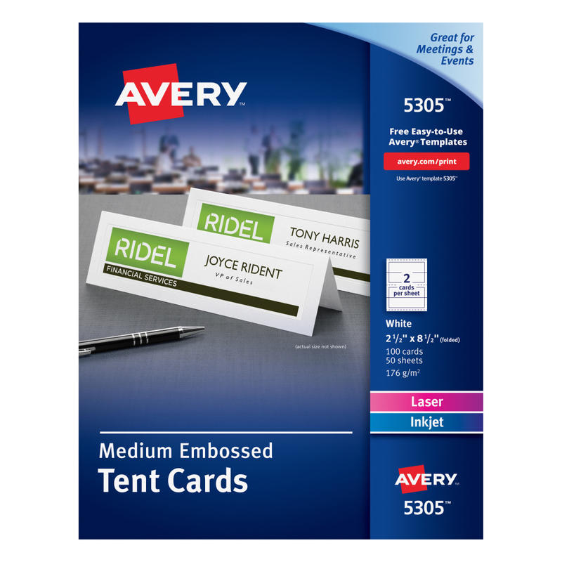 Avery Printable Tent Cards With Sure Feed Technology, 2.5in x 8.5in, White With Embossed Border, 100 Blank Place Cards (Min Order Qty 3) MPN:5305