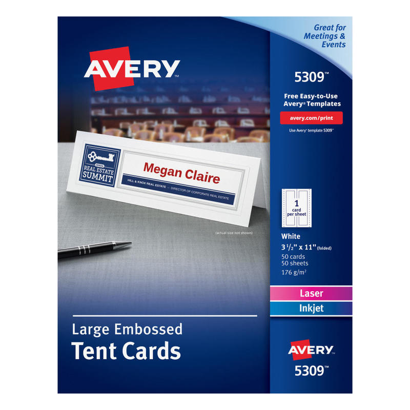 Avery Printable Large Tent Cards, 3.5in x 11in, White With Embossed Border, 50 Blank Place Cards (Min Order Qty 4) MPN:5309