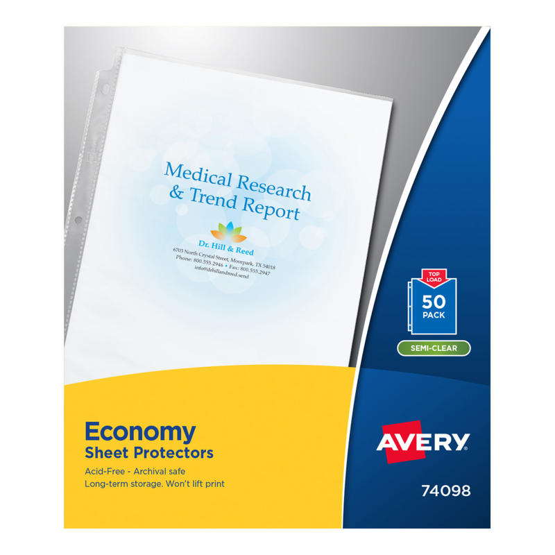 Avery Economy Sheet Protectors, Top Load, 8-1/2in x 11in, Semi-Clear, 50 Document Protectors (Min Order Qty 6) MPN:74098