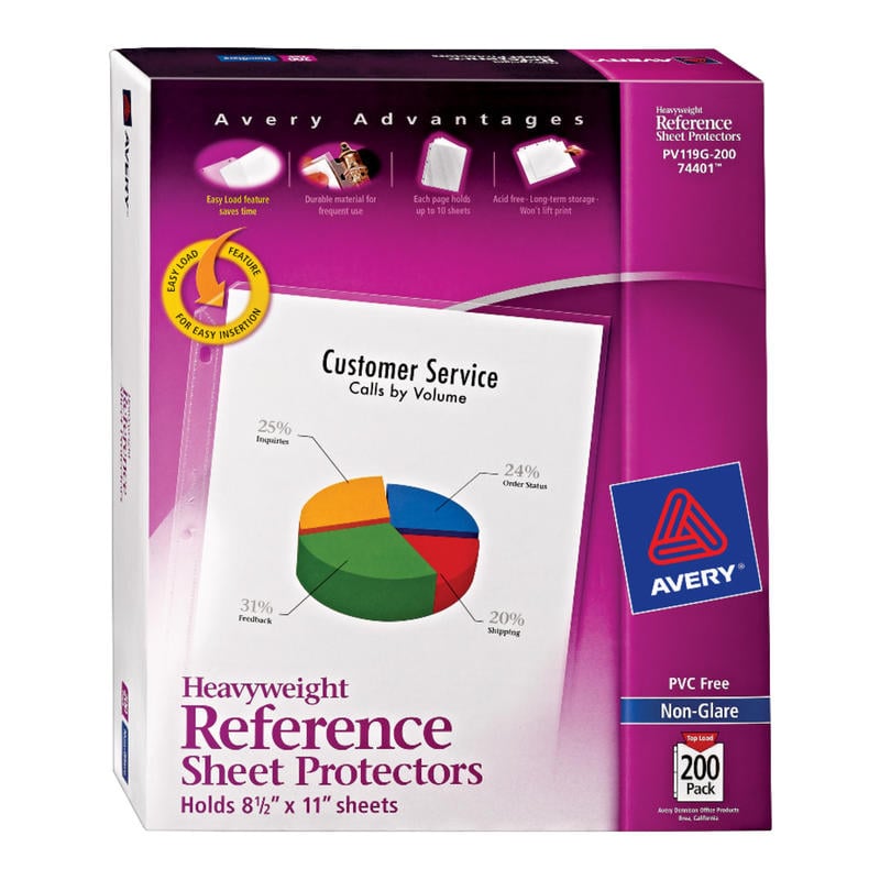 Avery Non-Glare Heavyweight Sheet Protectors With Easy Load, 8 1/2in x 11in, Top Loading, Pack Of 200 (Min Order Qty 3) MPN:74401