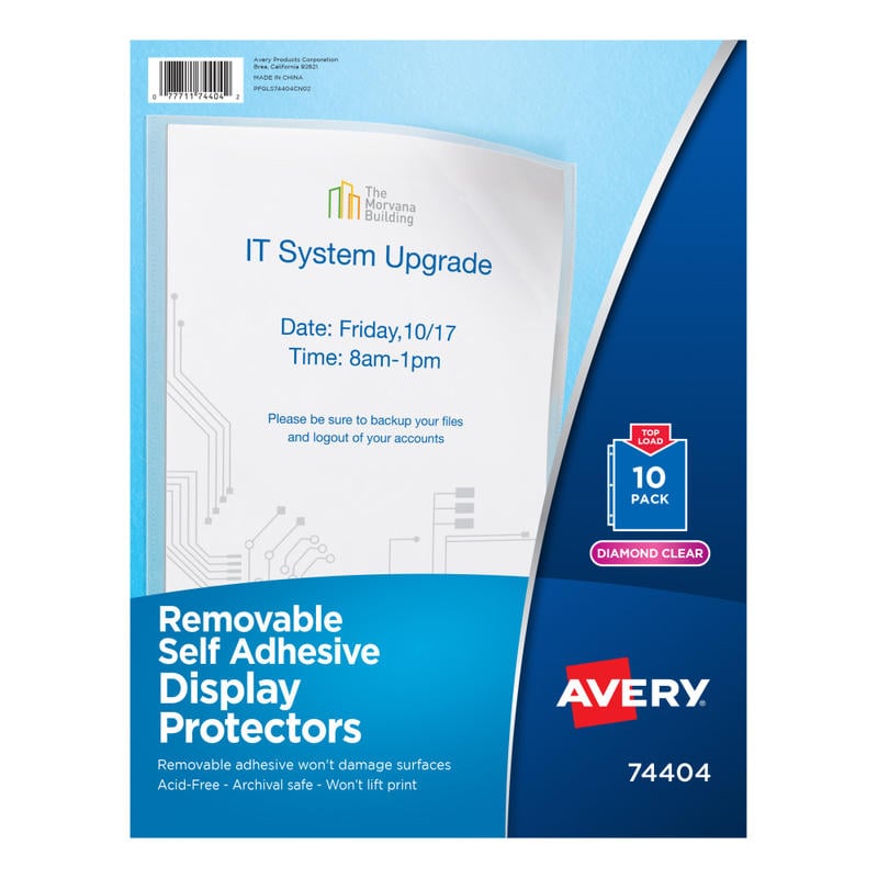 Avery Self-Adhesive Wall And Door Communication Display Protectors, 8-1/2in x 11in, Clear, Pack Of 10 Clear Sleeves (Min Order Qty 12) MPN:74404