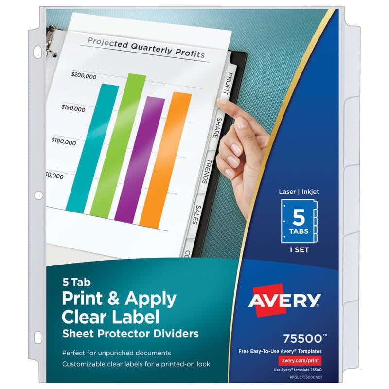 Avery Sheet Protector Dividers For 3 Ring Binders With Easy Print & Apply Index Maker Label Strip, 8-1/2in x 11in,  5 Tab, Clear With Customizable White Tabs, 1 Set (Min Order Qty 8) MPN:75500