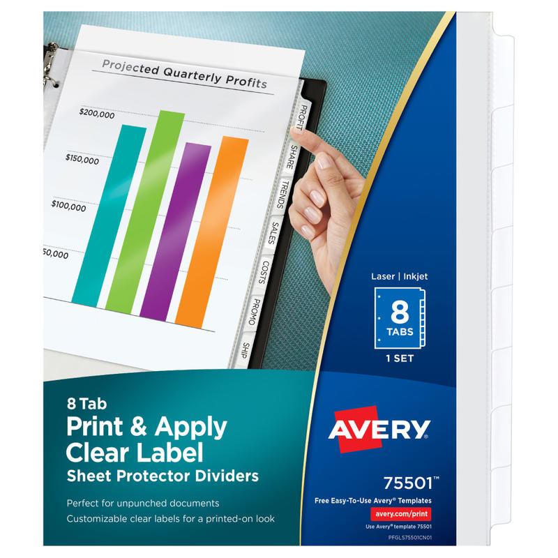 Avery Sheet Protector Dividers For 3 Ring Binders With Easy Print & Apply Index Maker Label Strip, 8-1/2in x 11in,  8 Tab, Clear With Customizable White Tabs, 1 Set (Min Order Qty 10) MPN:75501