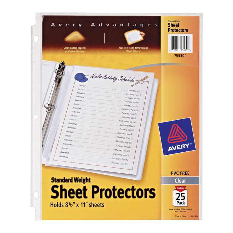 Avery Standard Weight Sheet Protectors, 8 1/2in x 11in, Clear, Pack Of 25 (Min Order Qty 10) MPN:75530