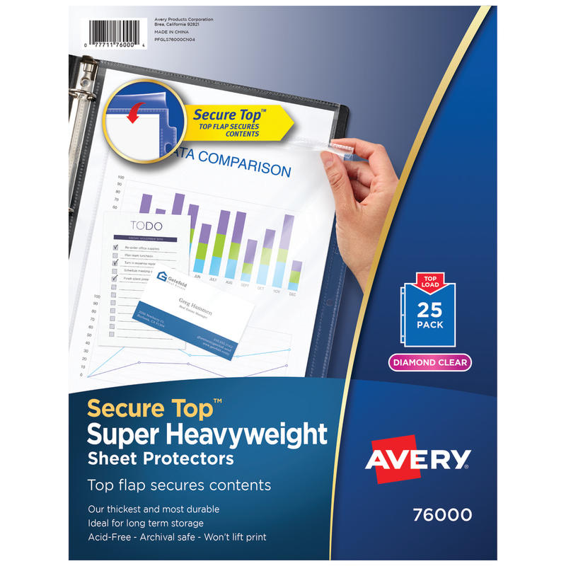 Avery Secure-Top Sheet Protectors, Super Heavyweight, Diamond Clear, Pack Of 25 (Min Order Qty 11) MPN:76000