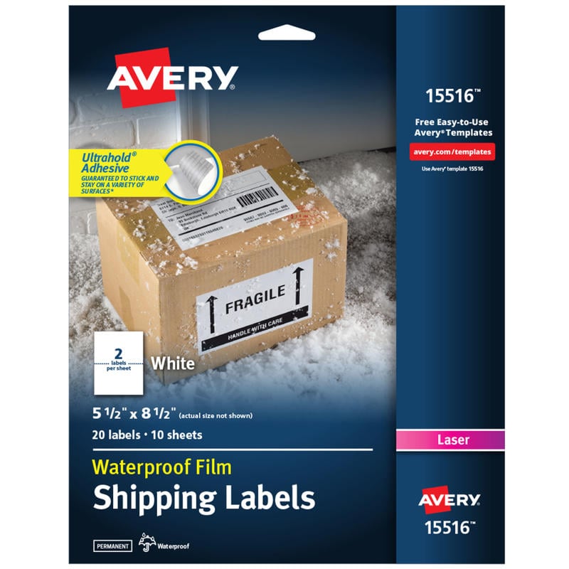 Avery Waterproof Shipping Labels With Ultrahold, 15516, Rectangle, 5-1/2in x 8-1/2in, White, 20 Labels For Laser Printers (Min Order Qty 5) MPN:15516