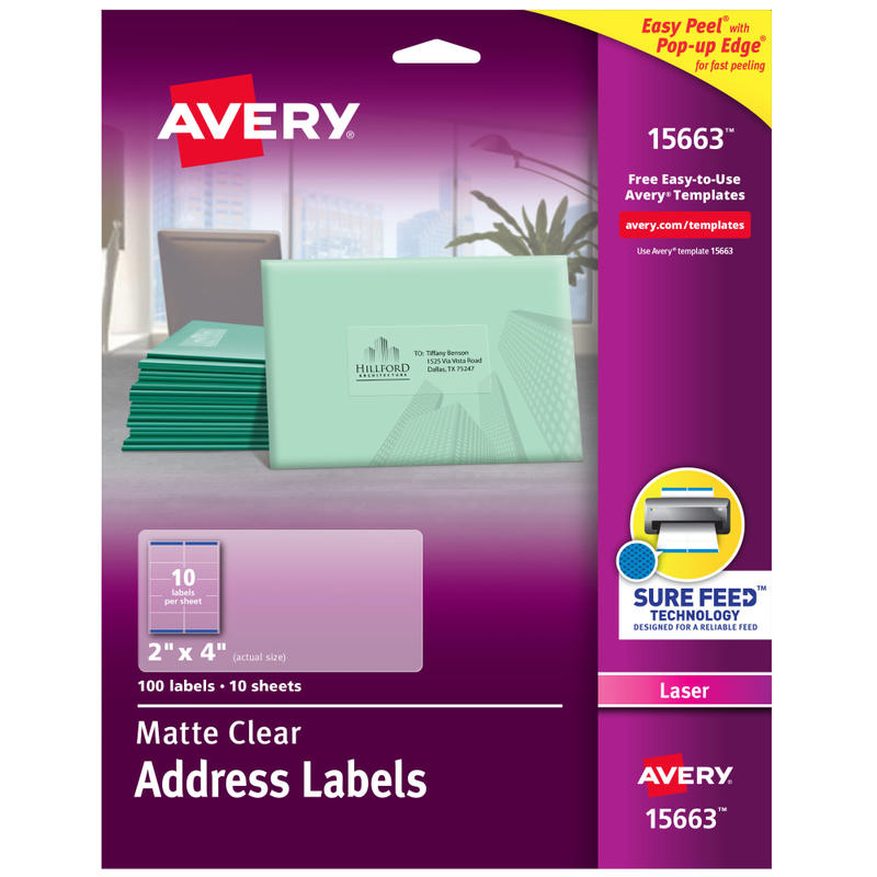 Avery Matte Shipping Labels With Sure Feed Technology, 15663, Rectangle, 2in x 4in, Clear, Pack Of 100 (Min Order Qty 5) MPN:15663