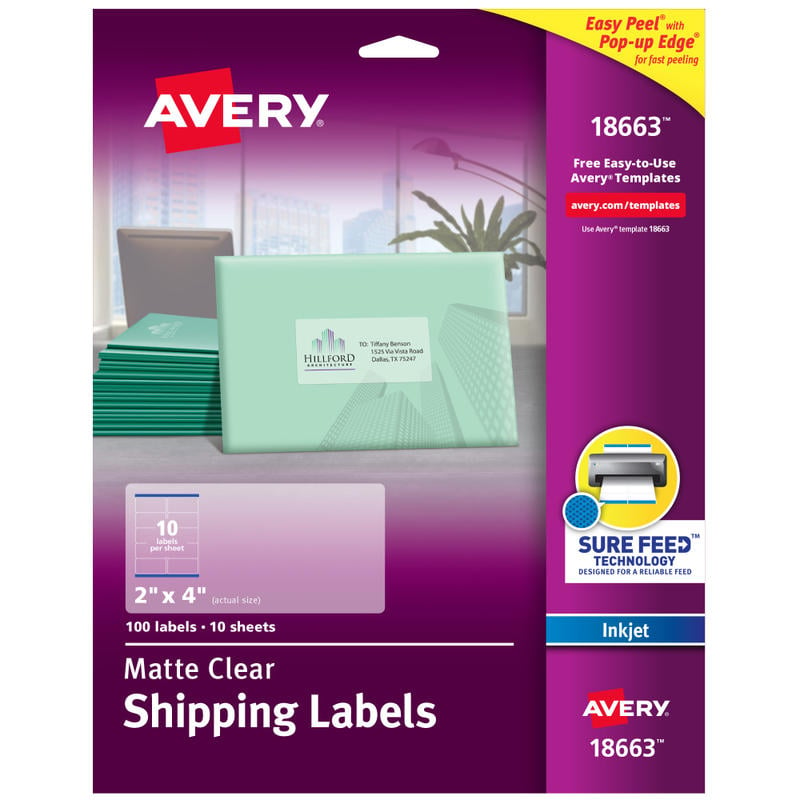 Avery Matte Shipping Labels With Sure Feed Technology, 18663, Rectangle, 2in x 4in, Clear, Pack Of 100 (Min Order Qty 5) MPN:18663