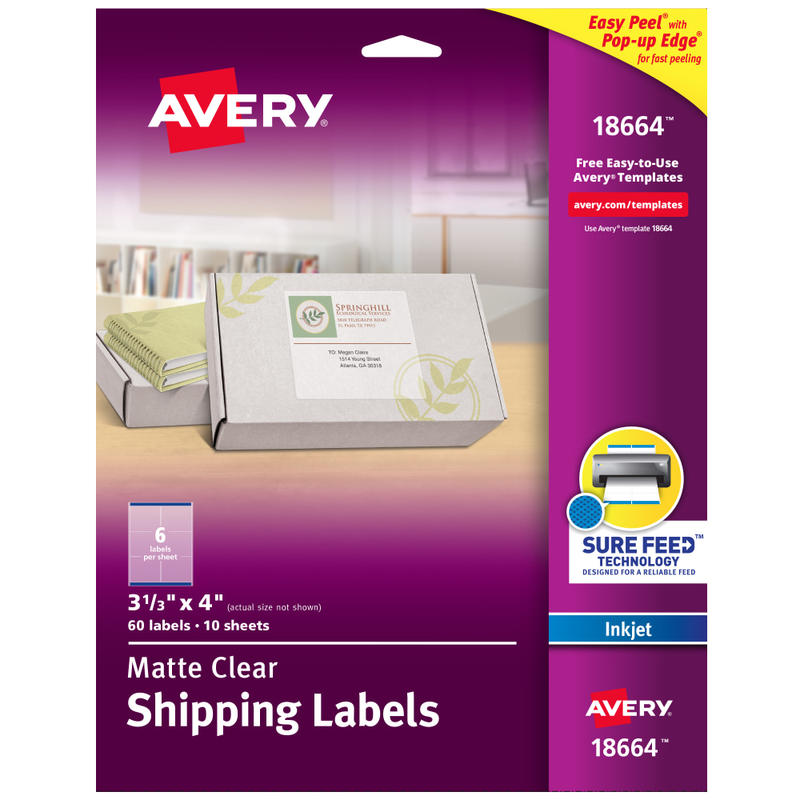 Avery Easy Peel Clear Inkjet Shipping Labels, 18664, 3 1/3in x 4in, Pack Of 60 (Min Order Qty 4) MPN:18664