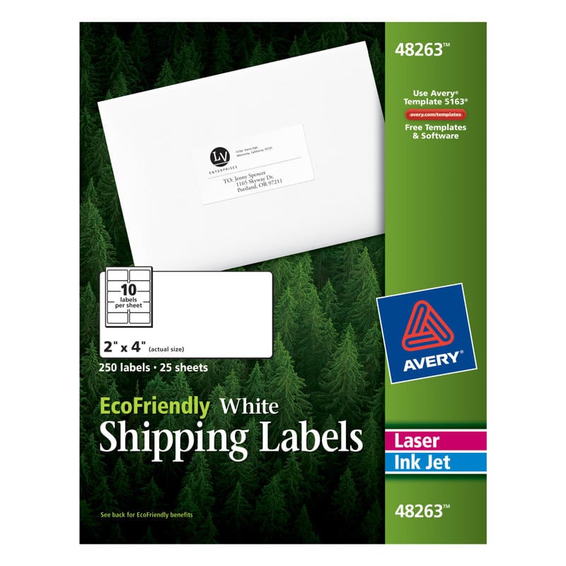 Avery EcoFriendly Permanent Shipping Labels, 48263, 100% Recycled, 2in x 4in, White, Pack Of 250 (Min Order Qty 5) MPN:48263