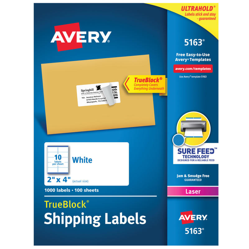 Avery TrueBlock Shipping Labels With Sure Feed Technology, 5163, Rectangle, 2in x 4in, White, Pack Of 1,000 (Min Order Qty 2) MPN:5163