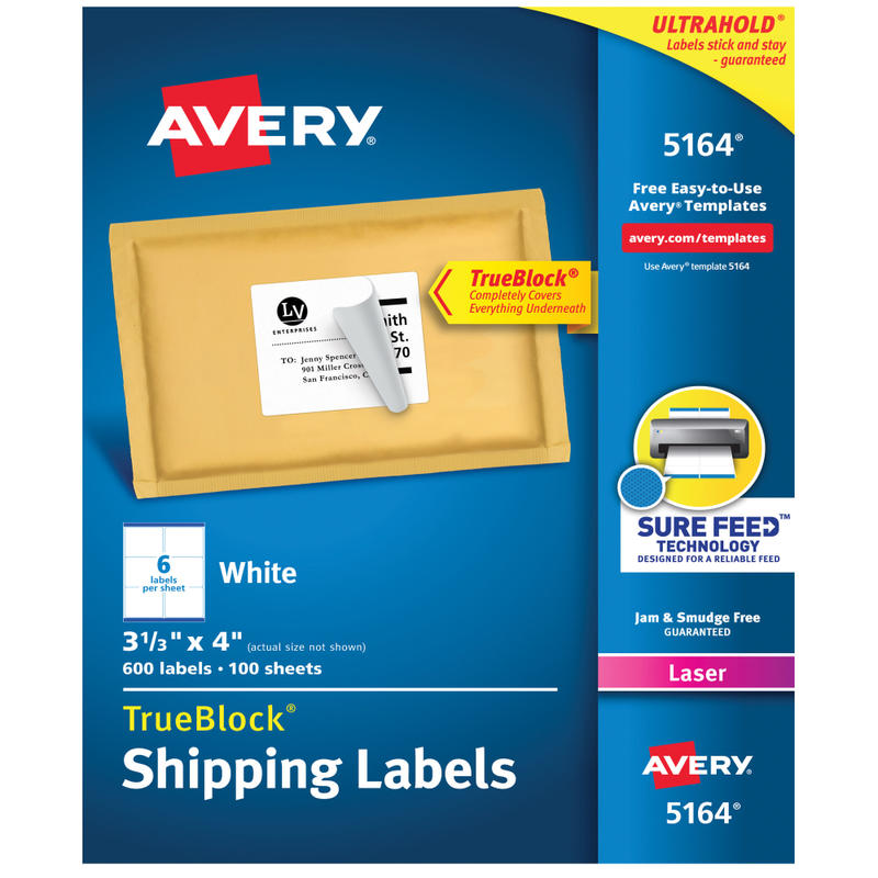 Avery TrueBlock Shipping Labels With Sure Feed Technology, 5164, Rectangle, 3 1/3in x 4in, White, Pack Of 600 (Min Order Qty 2) MPN:5164