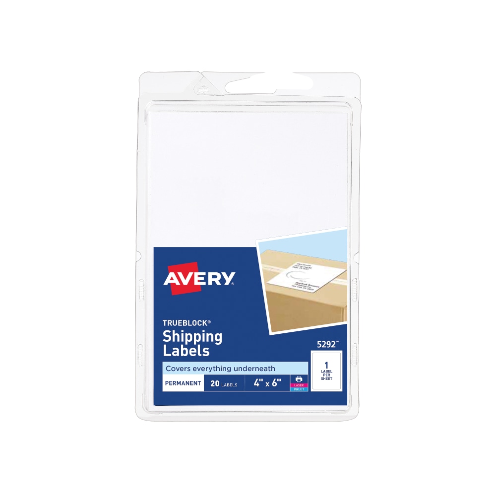 Avery Permanent Shipping Labels with TrueBlock Technology, 5292, 4in x 6in, White Pack Of 20 (Min Order Qty 14) MPN:5292