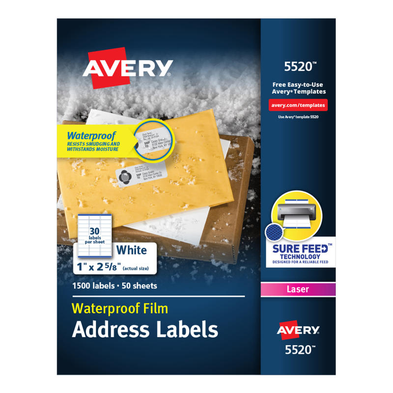 Avery Waterproof Address Labels With Ultrahold, 5520, Rectangle, 1in x 2-5/8in, White, 1,500 Labels For Laser Printers (Min Order Qty 2) MPN:5520