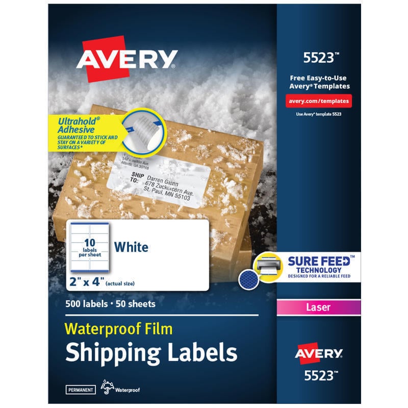 Avery Waterproof Labels With Ultrahold, 05523, Rectanlge, 2in x 4in, White, 500 Labels For Laser Printers (Min Order Qty 2) MPN:5523