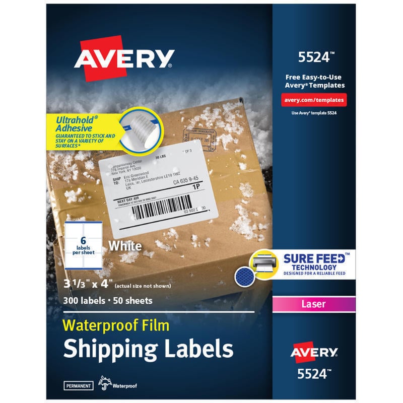 Avery Waterproof Labels With Ultrahold, 05524, Rectanlge, 3-1/3in x 4in, White, 300 Labels For Laser Printers (Min Order Qty 2) MPN:5524