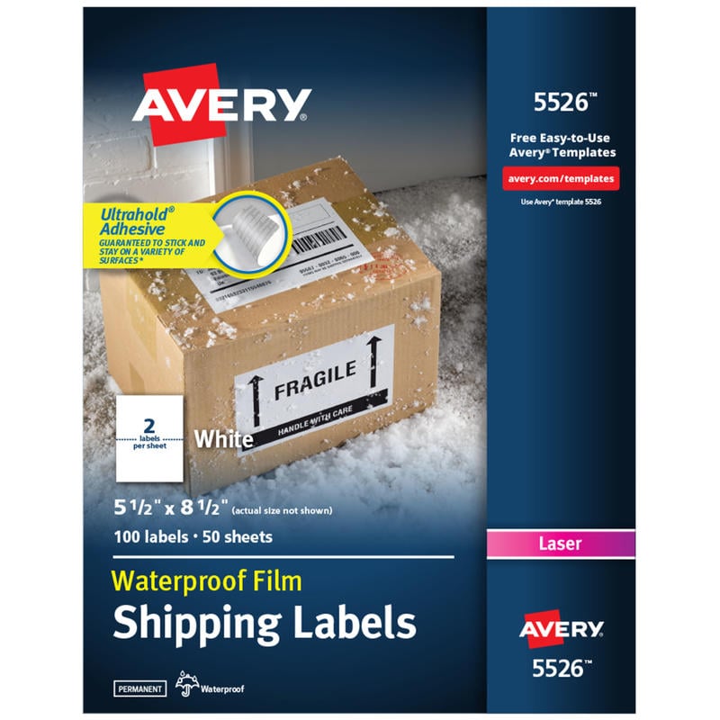 Avery Waterproof Shipping Labels With Ultrahold, 5526, Rectangle, 5-1/2in x 8-1/2in, White, 100 Labels For Laser Printers (Min Order Qty 2) MPN:5526