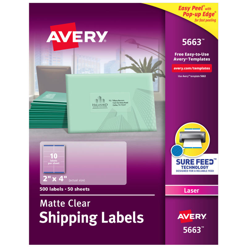 Avery Matte Shipping Labels With Sure Feed Technology, 5663, Rectangle, 2in x 4in, Clear, Pack Of 500 (Min Order Qty 2) MPN:5663