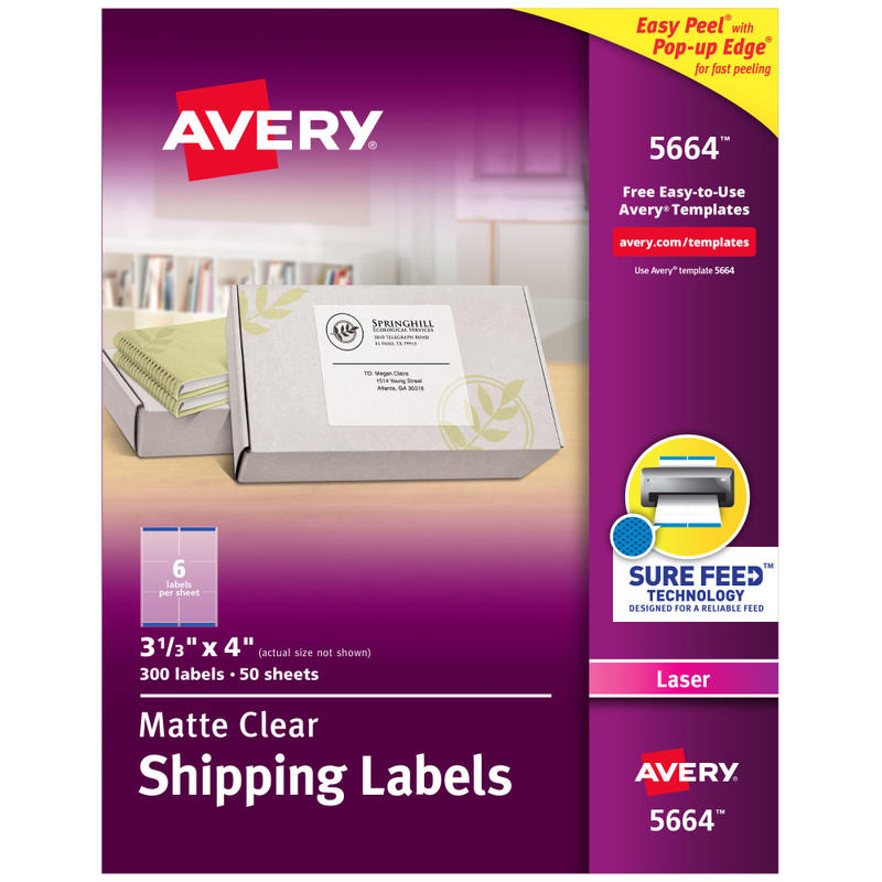 Avery Matte Shipping Labels With Sure Feed Technology, 5664, Rectangle, 3-1/3in x 4in, Clear, Pack Of 300 (Min Order Qty 2) MPN:5664