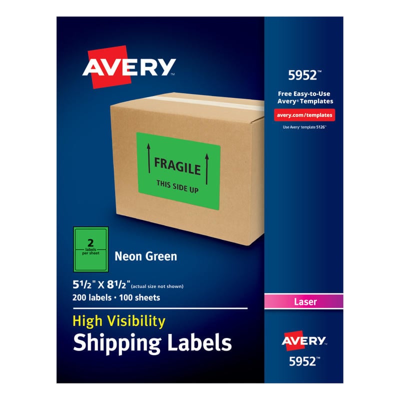 Avery High-Visibility Permanent Shipping Labels, 5952, 5 1/2in x 8 1/2in, Neon Green, Pack Of 200 MPN:5952