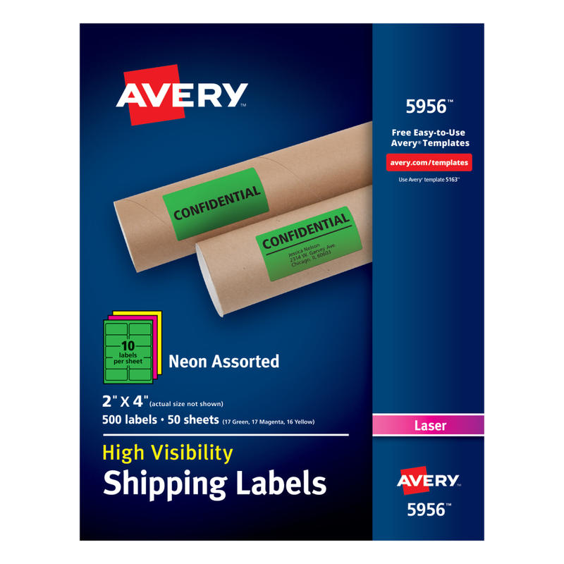 Avery High-Visibility Permanent Shipping Labels, 5956, 2in x 4in, Assorted Colors, Pack Of 500 (Min Order Qty 2) MPN:5956