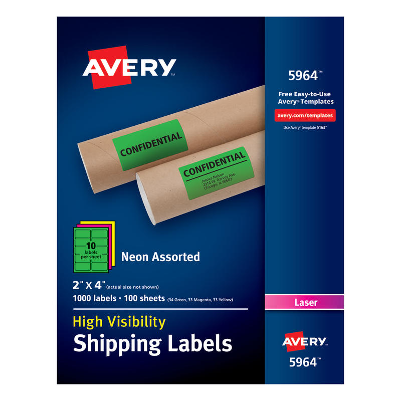 Avery High-Visibility Shipping Labels, AVE5964, 2in x 4in, Assorted Colors, Box Of 1000 MPN:5964