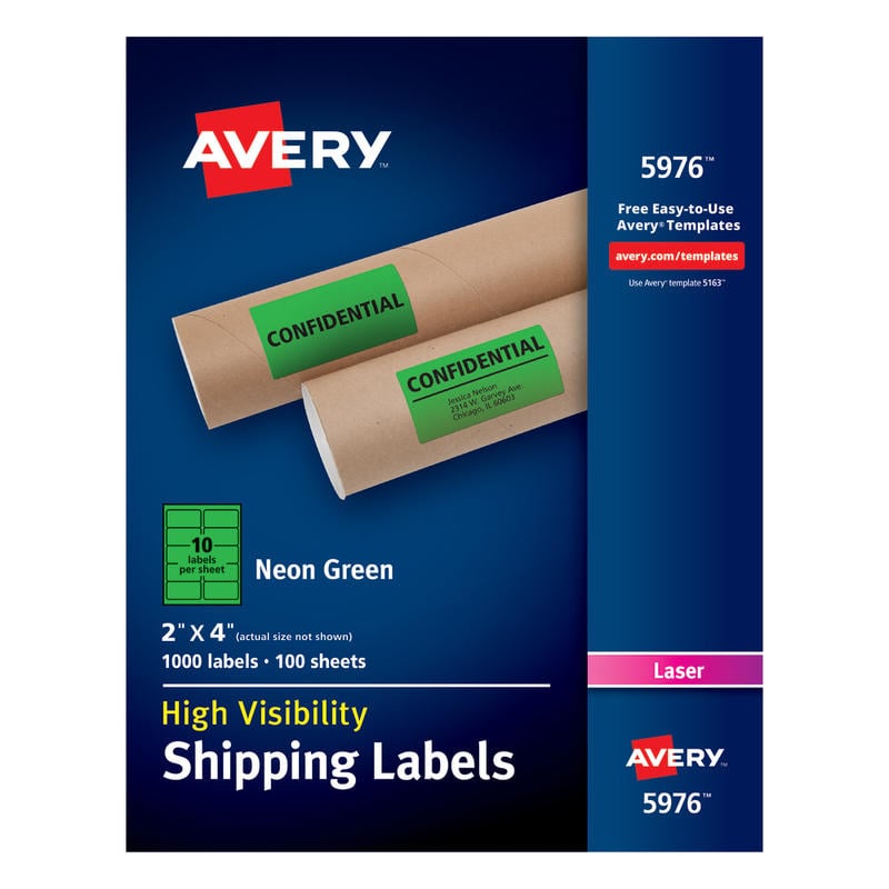 Avery High-Visibility Shipping Labels, AVE5976, 2in x 4in, Neon Green, Box Of 1000 (Min Order Qty 2) MPN:5976