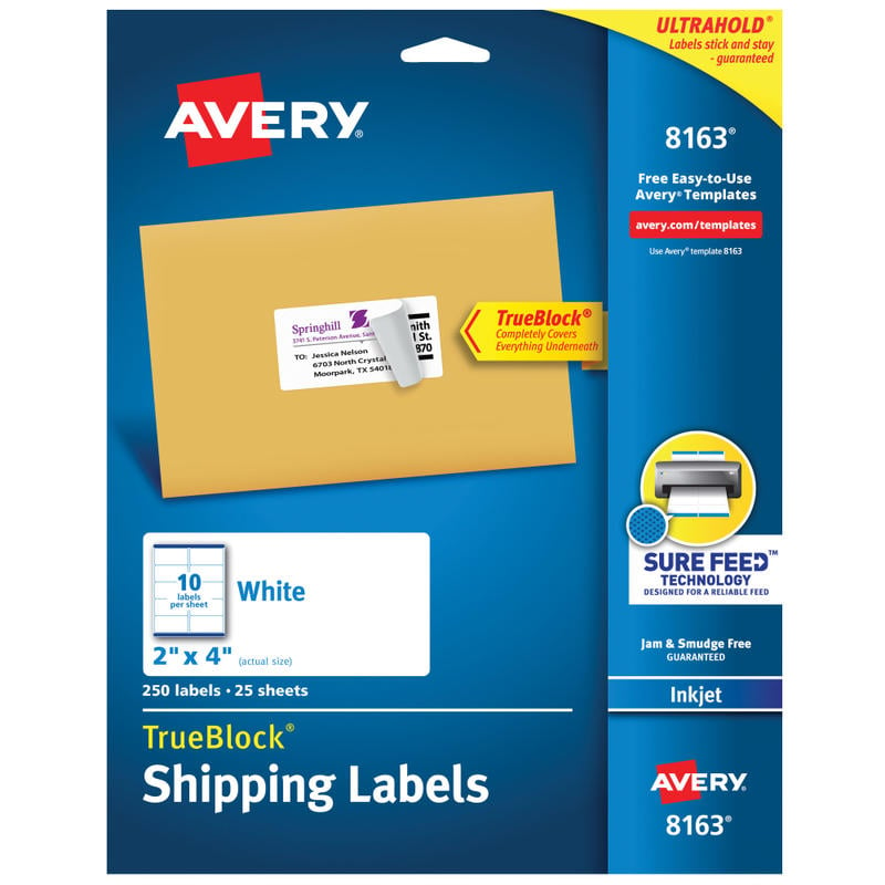 Avery TrueBlock Shipping Labels With Sure Feed Technology, 8163, Rectangle, 2in x 4in, Pack Of 250 (Min Order Qty 6) MPN:8163