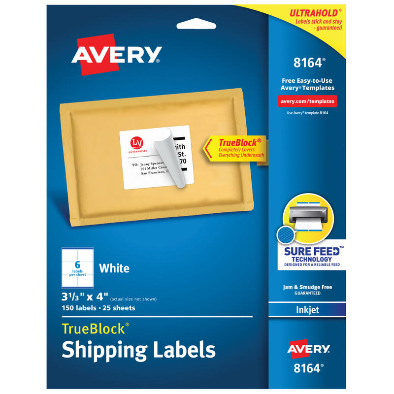 Avery TrueBlock Permanent Inkjet Shipping Labels, 8164, 3 1/3in x 4in, White, Pack Of 150 (Min Order Qty 6) MPN:8164