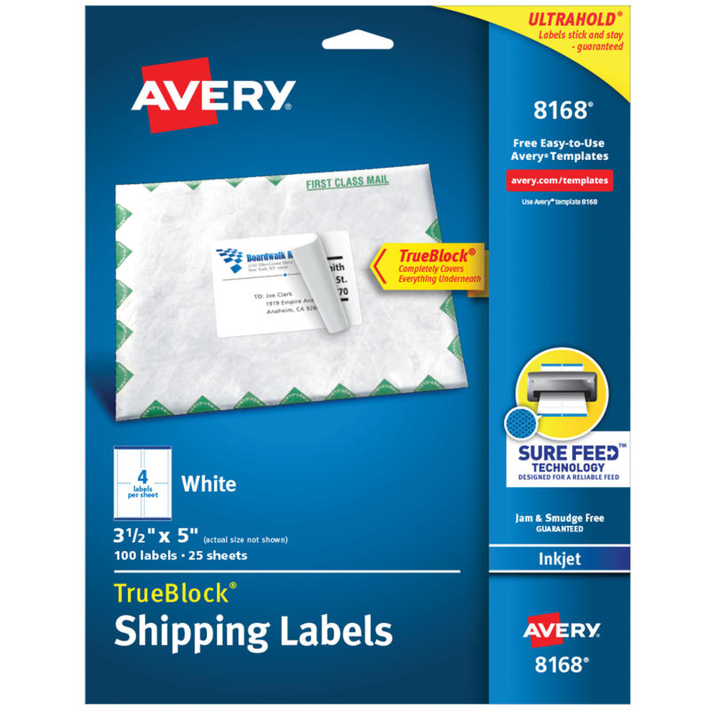 Avery TrueBlock Shipping Labels With Sure Feed Technology, 8168, Rectangle, 3-1/2in x 5in, White, Pack Of 100 (Min Order Qty 6) MPN:8168