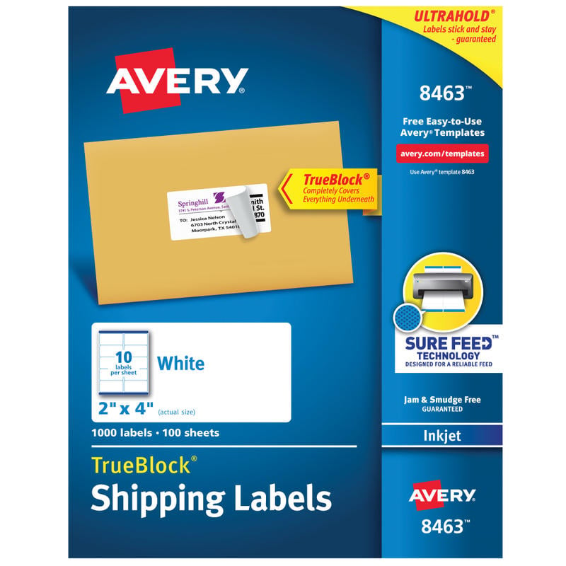 Avery TrueBlock Shipping Labels With Sure Feed Technology, 8463, Rectangle, 2in x 4in, White, Pack Of 1,000 (Min Order Qty 2) MPN:8463