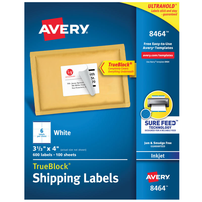 Avery TrueBlock Permanent Inkjet Shipping Labels, 8464, 3 1/3in x 4in, White, Pack Of 600 (Min Order Qty 2) MPN:8464