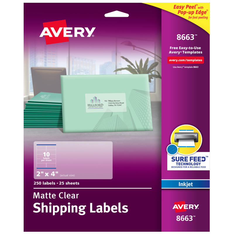 Avery Matte Shipping Labels With Sure Feed Technology, 8663, Rectangle, 2in x 4in, Clear, Pack Of 250 (Min Order Qty 3) MPN:8663