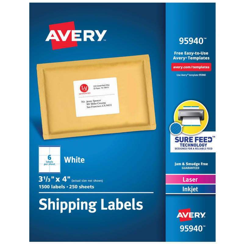 Avery Shipping Labels With Sure Feed Technology, 95940, Rectangle, 3-1/3in x 4in, White, Pack Of 1,500 Labels MPN:95940