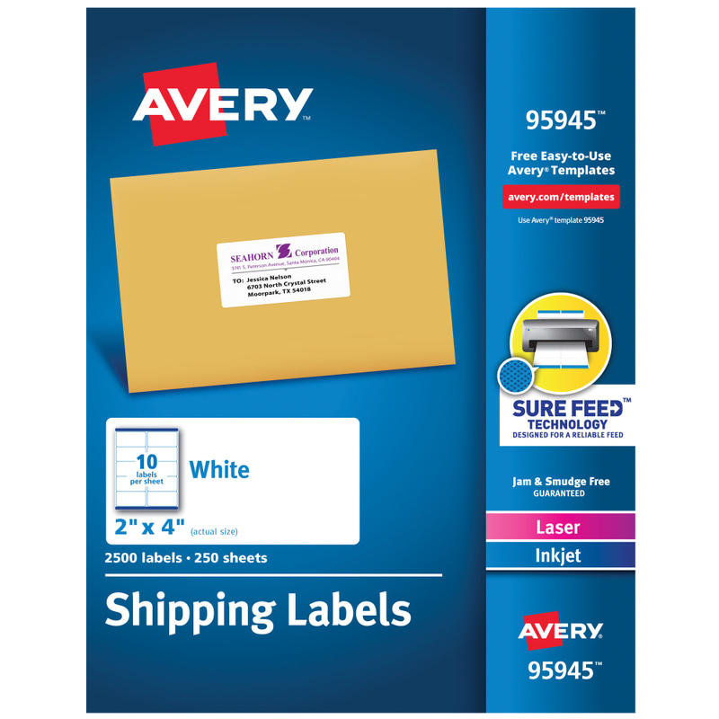 Avery Shipping Labels With Sure Feed Technology, 95945, Rectangle, 2in x 4in, White, Pack Of 2,500 Labels MPN:95945