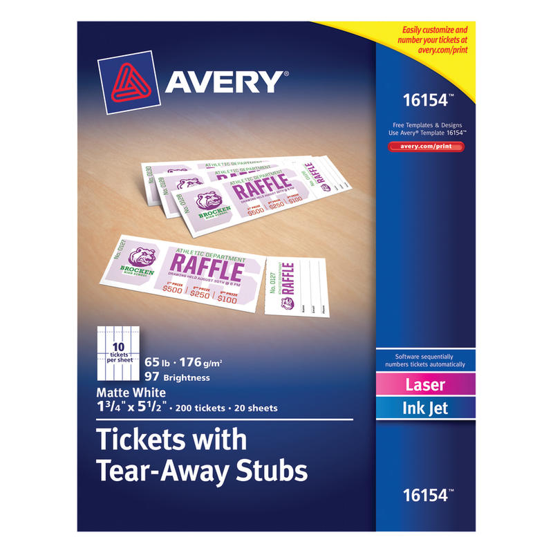 Avery Printable Tickets, 1 3/4in x 5 1/2in, White, Pack Of 200 Tickets (Min Order Qty 7) MPN:16154