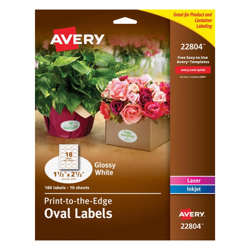 Avery Printable Blank Labels, 22804, Oval, 1.5in x 2.5in, Glossy White, Pack Of 180 Customizable Labels (Min Order Qty 5) MPN:22804