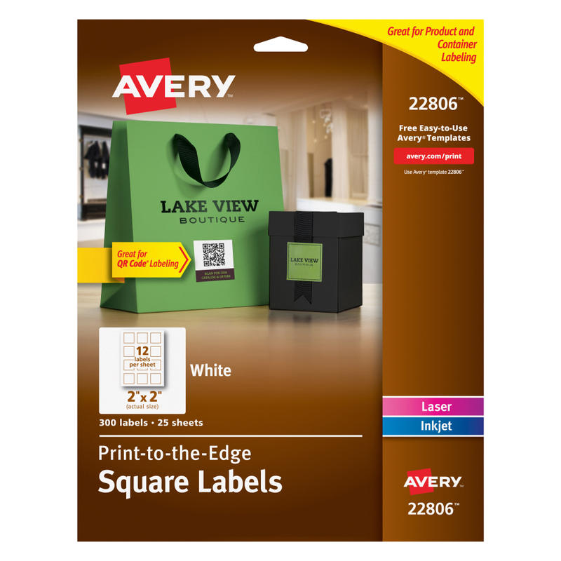 Avery Easy Peel TrueBlock Print-To-The-Edge Inkjet/Laser Labels, Square, 22806, 2in x 2in, Matte White, Pack Of 300 (Min Order Qty 6) MPN:22806