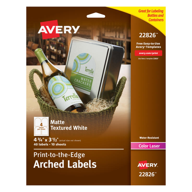 Avery Water-Resistant Arched Labels With Sure Feed, Print To The Edge, 22826, Arched, 4-3/4in x 3-1/2in, Textured Matte White, Pack Of 40 (Min Order Qty 4) MPN:22826