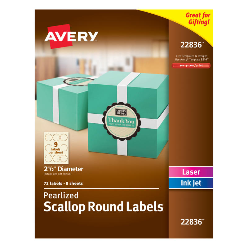 Avery Permanent Pearlized Labels, 22836, Round With Scallop Edge, 2-1/2in Diameter, Ivory, Pack Of 72 (Min Order Qty 3) MPN:22836