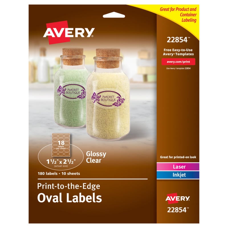 Avery Print-to-the-Edge Labels With Sure Feed Technology, 22854, Oval, 1.5in x 2.5in, Glossy Crystal Clear, Pack Of 180 Customizable Labels (Min Order Qty 3) MPN:22854